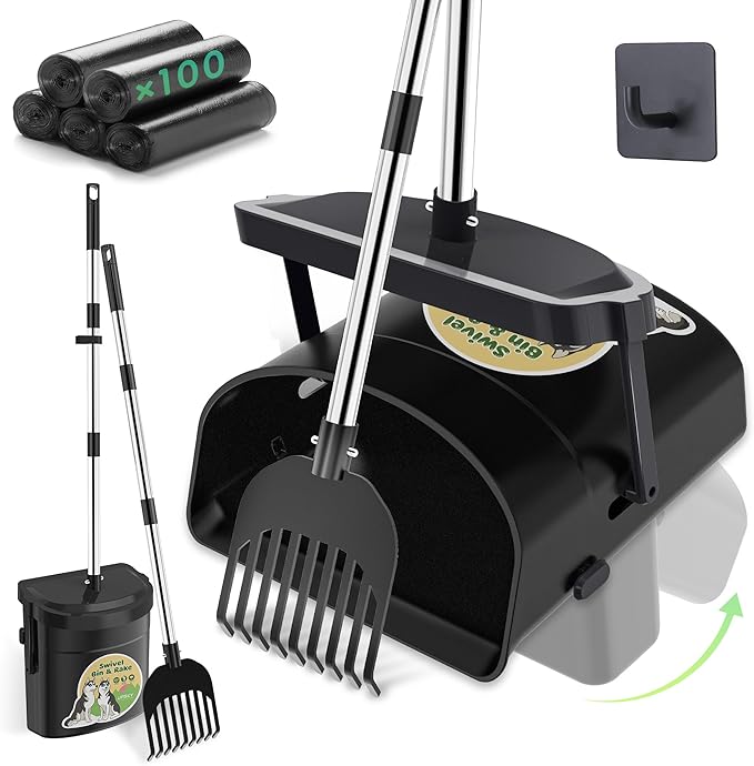 UPSKY Dog Pooper Scooper Swivel Bin & Rake Kit with 100 Waste Bags, 33.4" Stainless Steel Long Handle Heavy Duty Pet Poop Shovel for Large Medium Small Dogs, Odor-Proof Lid for Yard/Lawn/Outdoor Use