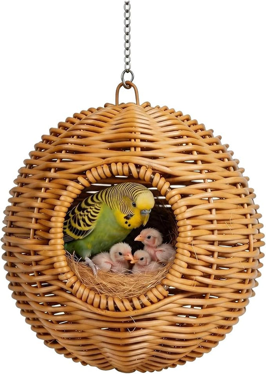 Washable & Breathable Plastic Rattan Bird Nest - Round Hanging Parrot Hammock Hut, Easy-Clean Cool Hideout for Sleeping, Egg Laying & Resting, Budgie, Lovebird, Cockatiel & Canary