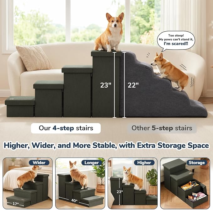 4-Step Wide Dog Stairs with Storage 23" H, Non-Slip Sturdy Pet Steps for High Bed Couch Window, Pet Stairs for Small/Medium/Large Old Dogs Cats Up to 220lbs, Cat Dog Steps for Car, Grey Green