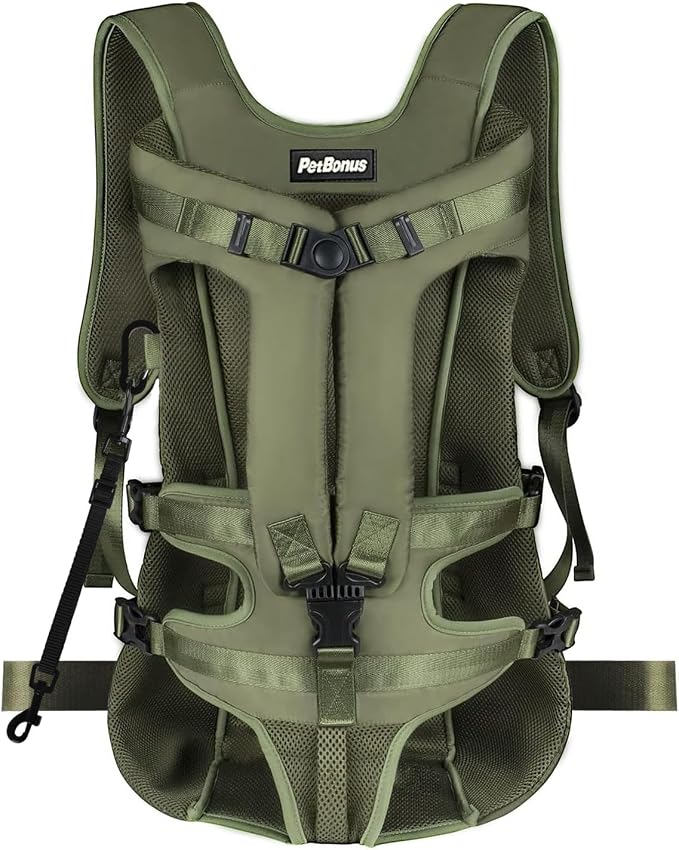 PetBonus Dog Front Carrier Backpacks, Legs Out Easy-fit Puppy Chest Carrier | Hands Free, Adjustable, Safety Strap, Walking Hiking Cycling Motorcycle bag, For Small Medium Dogs (Army Green, XL)