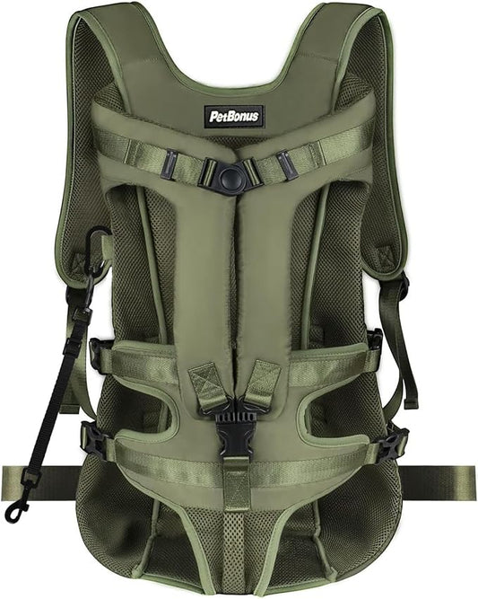 PetBonus Dog Front Carrier Backpacks, Legs Out Easy-fit Puppy Chest Carrier | Hands Free, Adjustable, Safety Strap, Walking Hiking Cycling Motorcycle bag, For Small Medium Dogs (Army Green, XL)
