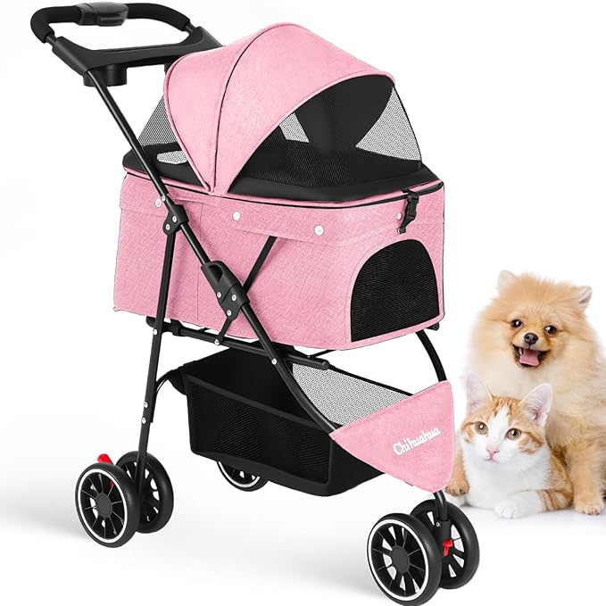 Pet Stroller,Dog Stroller for Small Medium Dogs Cats,3 Wheels,Pink | Foldable,with Breathable Mesh Canopy,Cup Holders,Easy Assembly