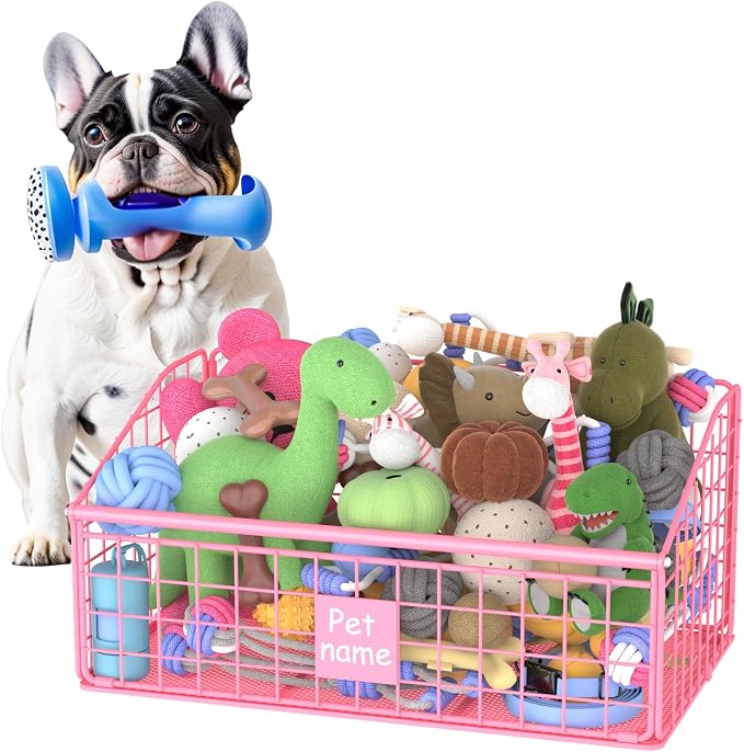 Kaiferty Indestructible Dog Toy basket, Medium Toy Box for Dogs,Pet Toy Bin Dog Metal Basket for Toys, Toy Storage Organizer, Living Room Area (Pink)