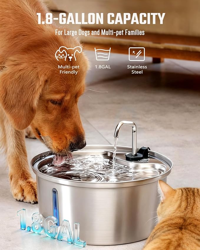 Dog Water Fountain Stainless Steel, 7L/1.8Gal Pet Fountain Water Bowl with Multi-Filtration & Deeper Drinking Aera, Large Cat Water Fountain with Water Window & LED (2 Filters 1 Fountain)