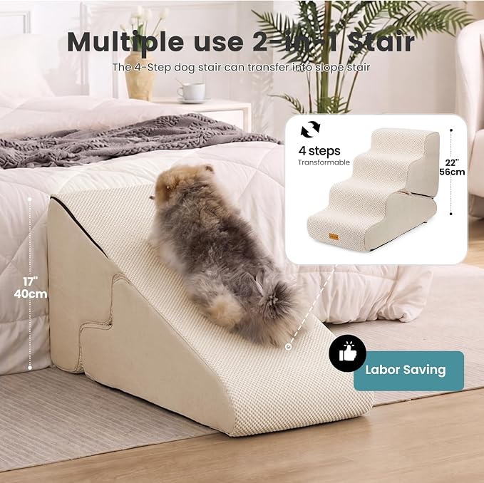 Gardner Pet Dog Stairs for Small Dogs 22" H, 2 in 1 Transformable 4-Step Pet Stairs and Dog Ramp for Couch Bed (23-27 in), Adjustable Pet Steps Beige