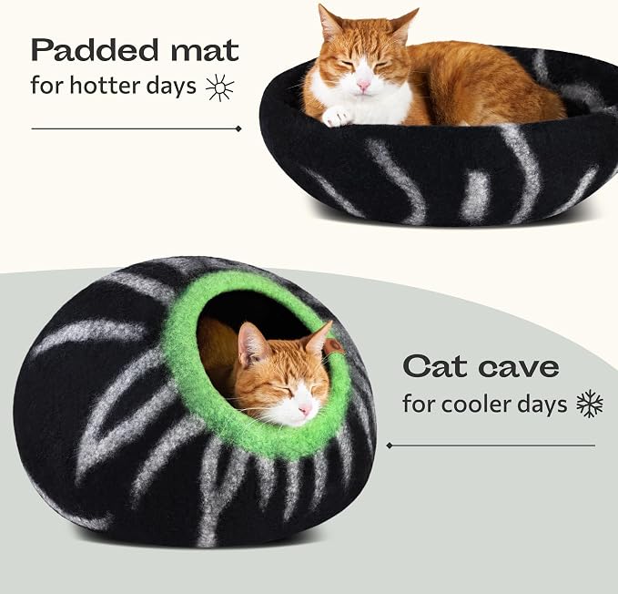Cat Cave – Premium Felt Cat Bed Enclosure for Indoor Cats, Handmade Merino Wool (Shining Tiger, Medium)