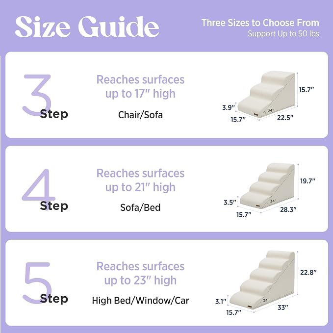 Lesure Dog Pet Stairs for High Bed, Beige, 5 Steps | Pet Steps Ramp for Small Dogs, 33D CertiPUR-US Certified Foam, Indoor and Car Use, Non-Slip Bottom, Removable Cover
