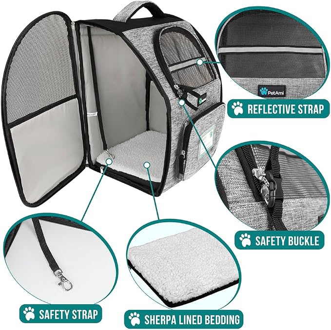 PetAmi Dog Backpack Carrier for Small Medium Dogs Large Cats up to 18 lbs, 2 Side Entry, Structured No-Collapse Frame, Airline Approved Ventilated Pet Backpack for Hiking Camping Travel, Grey