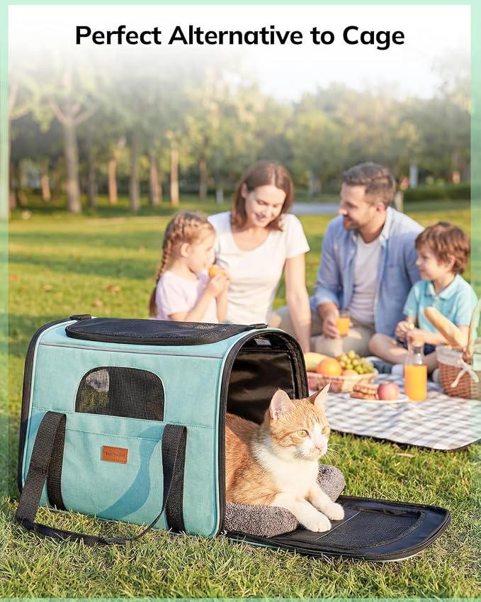 Morpilot Pet Carrier for Large Cats, Puppies & Small Dogs Up to 20lbs | Escape-Proof with Locking Zippers, Dual-Sided Cushion, Safety Buckle for Car & Vet Travel, Includes Foldable Bowl (Green)