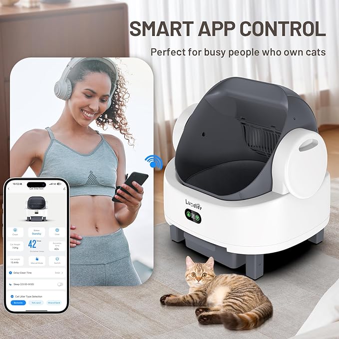 Automatic Litter Box, Open Top Large Self Cleaning Cat Litter Box for Multiple Cats, with APP Control/Multiple Safety Sensors/Trash Bag/Litter Mat, Cat Box Automatic Cleaning White