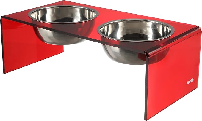 DBL2001H Keaton 7.5" Medium/Large Modern Acrylic Rectangular Elevated Pet Feeder with 54oz 2-Stainless Steel Bowls, Red/Chrome