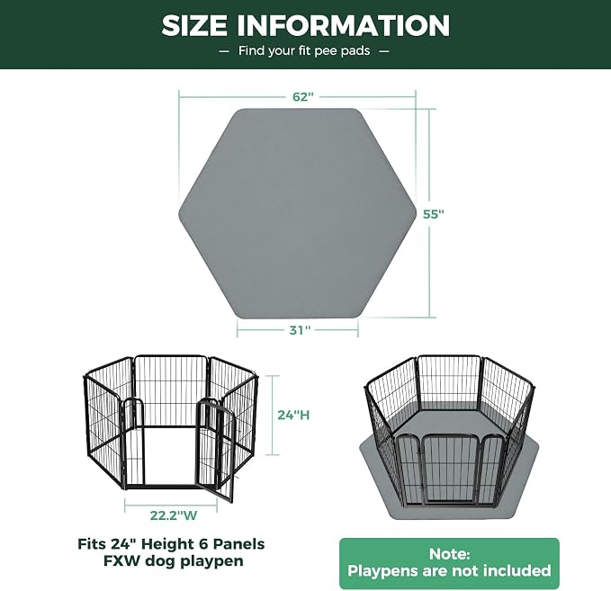 FXW Washable Pee Pads for Dogs, Super Absorbent, 31" Hexagon, 1 Pack | Machine washable, Non-slip backing, Fits 24"H 6-Panel FXW Rollick/Homeplus Playpens