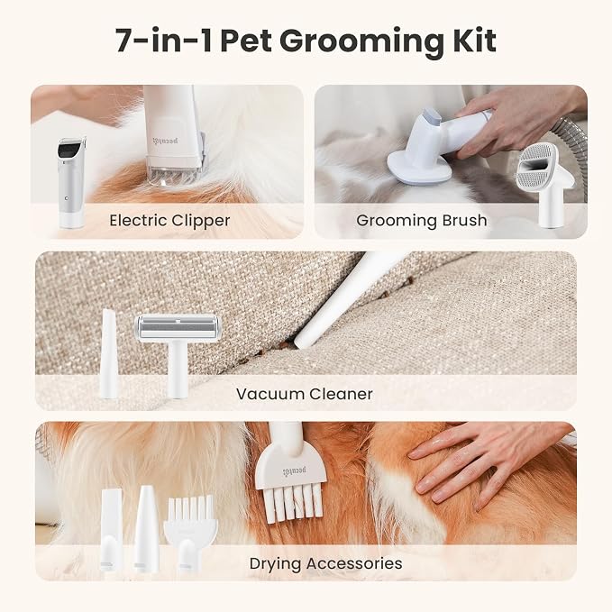 Pecute 7-in-1 Dog Grooming Vacuum & Dryer for Heavy Shedding | 10000Pa suction, adj suction & temp, home & salon use, 55dB low noise, 1.7L dust cup, reduces flying hair, easy cleanup