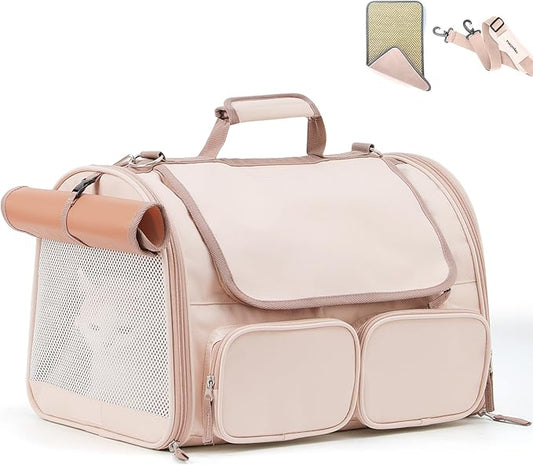 FUKUMARU Cat Carrier, Airline Approved Dog Carrier with Rollable Cover | Breathable Soft Cat Carrier, Multiple Doors & 4 Storage Pockets Cat Travel Bag, Durable Pet Carrier for Cat Under 15 lb, Pink