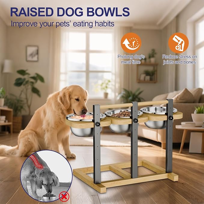 Elevated Dog Bowl,Bamboo Raised Dog Bowl,5-Height | Adjustable Dogs Food Bowls Stand,Dog Feeding Station with 3 Food and Water Bowls for Medium,Large Dogs
