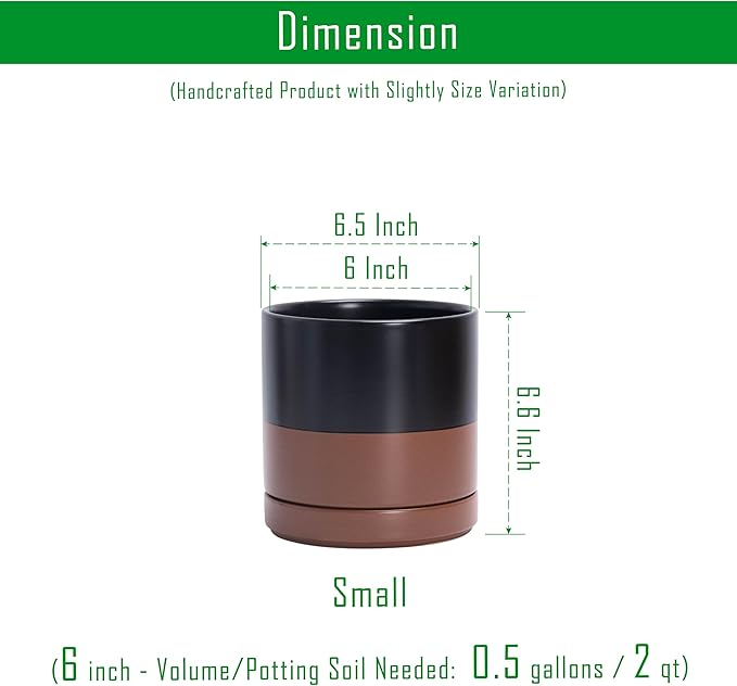 D'vine Dev 6.5 Inch Ceramic Planter Pot, Black/Tan, 94-O-C-7 | Modern Cylinder Design, Drainage Hole & Saucer Included, Stable Structure, Elegant Home Accent