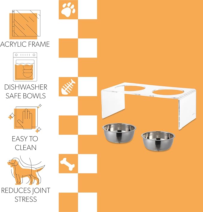 DBL2001A Keaton 7.5" Medium/Large Modern Lucite Rectangular Elevated Pet Feeder with 54oz 2-Stainless Steel Bowls, Clear/Chrome
