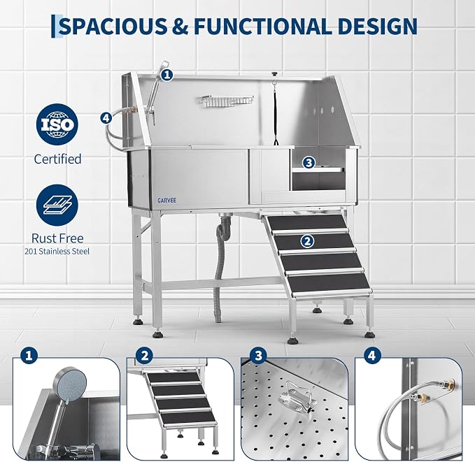 Garvee 46 Inch Stainless Steel Dog Washing Station with Walk-in Ramp, Heavy Duty Pet Grooming Bathtub, Brushed Finish, Right Door Options | 46" Brushed Stainless Steel Heavy Duty Dog Grooming Tub with Walk-in Ramp, Rustproof, for Large Dogs, Salon & Home