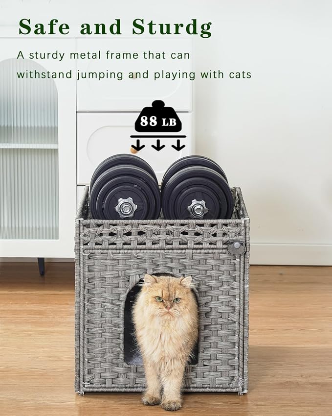 SETVSON Cat Houses for Indoor Cats Extra Large Double Cat Cave, Gray | Spacious Multi-Cat House, Furniture End Table Look, Soft Washable Cushion, Sturdy Metal Frame, 18.5x20.5x19.1 In Woven Cube