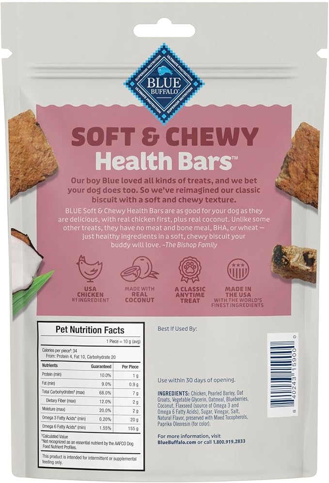Blue Buffalo Soft & Chewy Health Bars, Baked with Real Chicken & Coconut, Natural Dog Treats Mineral-Enhanced for Flavor, 9 oz. Bag (Pack of 2)