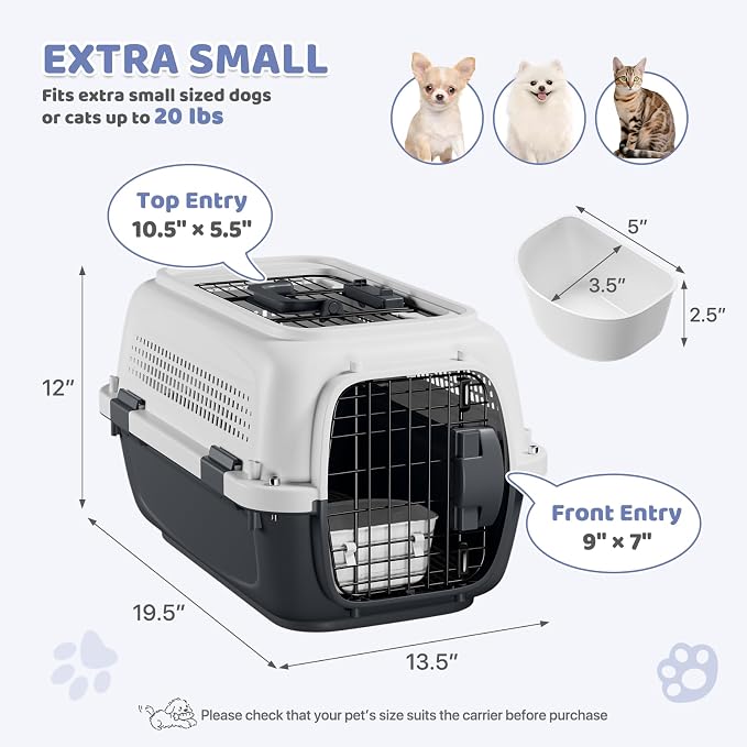 Magshion 18 Inch Hard-Sided Dog Cat Carrier, Grey | Top&Front Door Access, Plastic Dog Kennel for Traveling, Durable Handle, Ventilation, Detachable Pet Bowl, For Pet Up 20 lbs