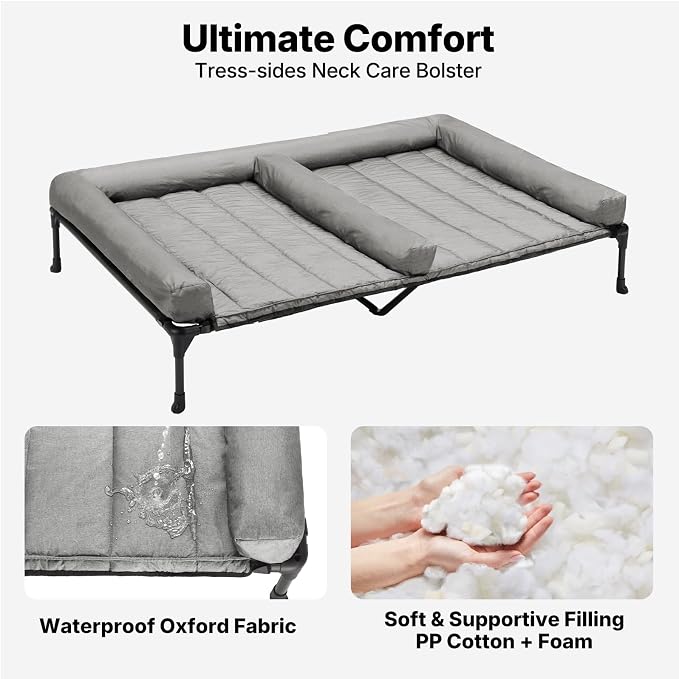 Veehoo Elevated Dog Bed for 2 Dogs, Cooling Raised Dog Bed with Bolster Mat | Outdoor Double Dog Bed with Removable Waterproof Cushion, Breathable Mesh, Non-Slip Feet for Outdoor & Indoor, 53", Grey