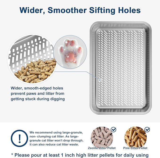 8" Deep Stainless Steel Sifting Litter Box for Pine Pellets, XL Stainless Steel Litter Box with Lid, Removable & Anti-Leakage, High Sides Metal Cat Litter Boxes for Big Cat, Non-Sticky, Easy Cleaning