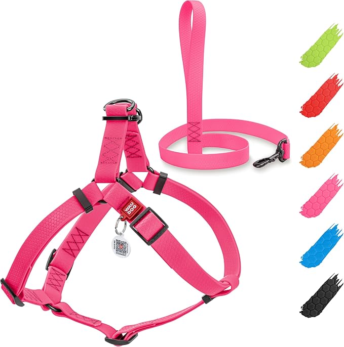 WAUDOG Waterproof Dog Harness and 6 Ft Leash Set - Adjustable, Heavy Duty with Durable Metal Clasp and QR Dog Tag