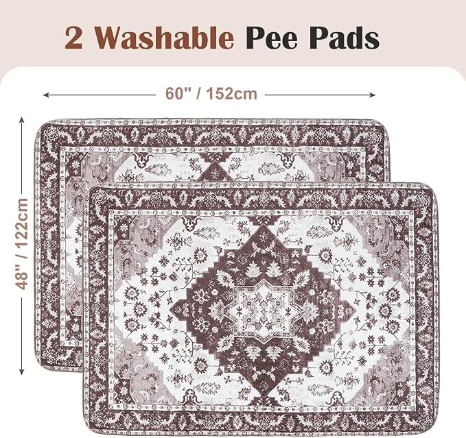 Washable Pee Pads for Dogs, 2 Pack Reusable Puppy Training Pads 60"x48" Super Absorbent Waterproof Dog Training Pads, Non-Slip Potty Pads, Whelping Pads Litter Mat Light Brown Medallion