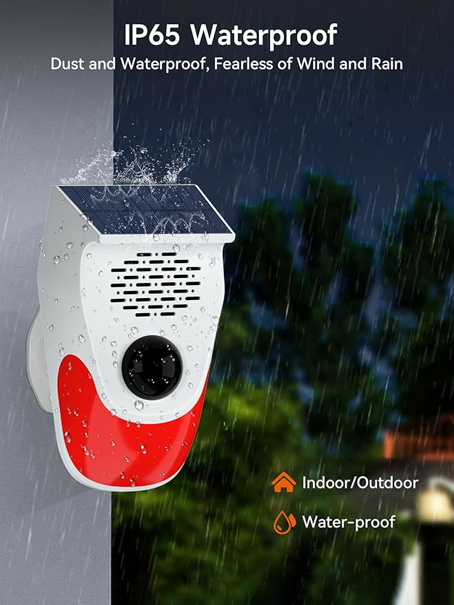 Solar Motion Sensor Alarm with Custom Voice Upload - 120dB Loud Noise Maker & Strobe Lights, Remote Control, IP65 Waterproof for Deer/Bear Deterrent, Chicken Coop Security, Pool Safety Alerts