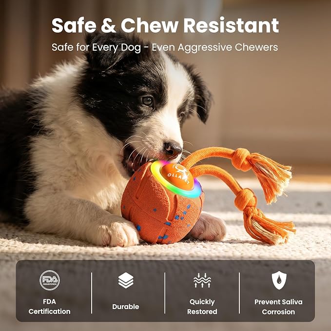 Smart Interactive Dog Toys, 3 Modes Automatic Rolling Ball, Chase Pet Toy with Rope & Barking Sound, Chew Resistant E-TPU, IPX7 Waterproof Rechargeable Ball for Medium Large Dogs, Orange