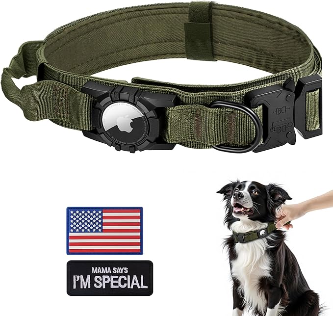 Tactical AirTag Dog Collar - Heavy Duty, Adjustable GPS Collar Compatible with Apple AirTag, with Holder & Control Handle for Medium/Large Dogs [ Green, M ]