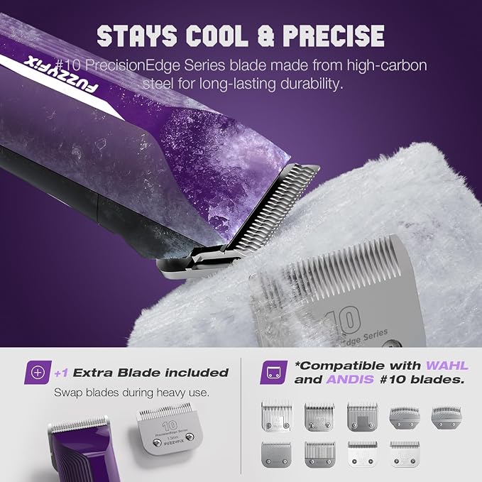 AmpFix Professional Dog/Pet Grooming Clippers 2-Speed Heavy-Duty | 2 Detachable Blade 8 Metal Combs, 10ft Cord, Runs Cool & Quiet, Anti-Slip Shatter-Proof Housing for All Animal Coats