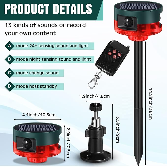 Qualirey 2 Pack Solar Outdoor Motion Sensor Alarm-Dog Barking&Gunshot Sound Support Recording Animal Deterrent for Home Security, 13 Kinds of Sounds (Red)