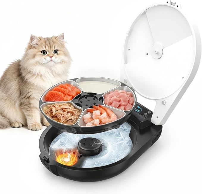 Automatic Cat Feeder Wet Food, Semiconductor Cooling & Heating 3 Days Fresh | 5 Meals Timed Cat Feeder with Stainless Steel Bowl, Easy to Clean, Programmable Wet Food Dispenser for Cat Dog