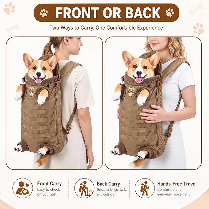 Dog Carrier Tactical Backpack for Medium Large 26-40lbs, Dog Soft Hands-Free Legs Out Pet Cat Front Carrier Backpack Facing Travel Bag for Outdoor Traveling Hiking Camping Bike (Brown)