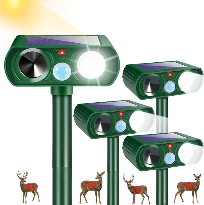 2026 Upgraded Sonic Fortress Pro Deer Repellent Outdoor,Solar Ultrasonic Animal Repellent with Motion Sensor&Flash Light-IP65 Waterproof Raccoon Fortress Pro for Squirrel,Cat-Garden&Yard 4Pack