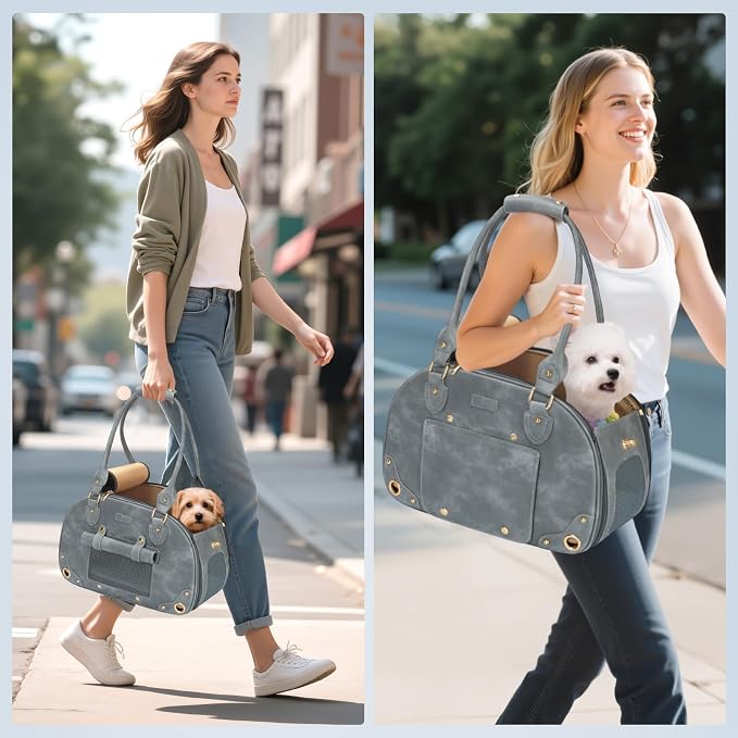 Dog Carrier Purse, Pet Bag Bling Waterproof Premium Leather Pet Travel Portable Bag for Cat and Small Dog Home & Outdoor Small Grey
