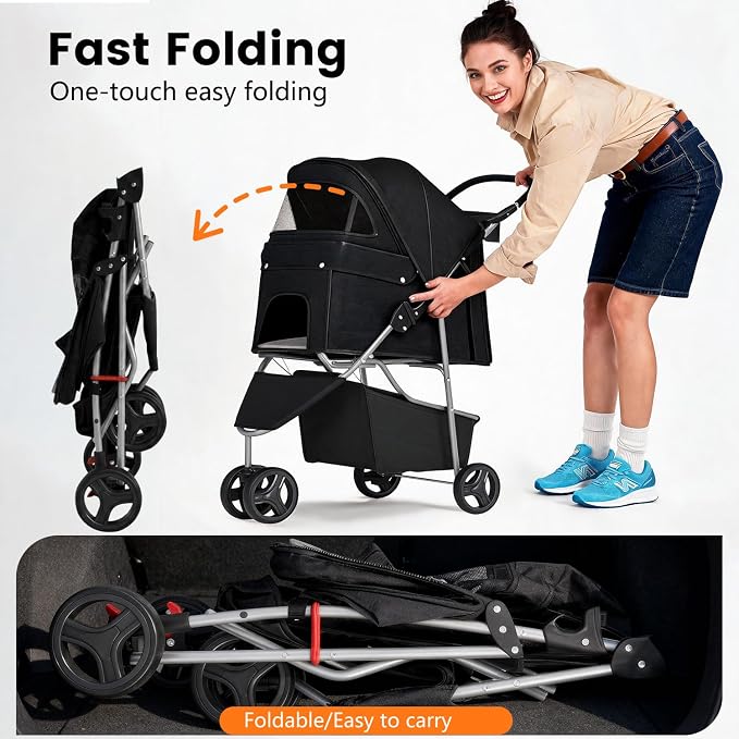 BestPet | 3-Wheel Pet Stroller | Dog and Cat Stroller | Breathable Mesh | Lightweight Travel Carrier | Waterproof & Foldable Design | Storage Basket | Black | for Daily Walks & Outdoor Use | Breathable Mesh | Lightweight, Waterproof Travel Carrier with...
