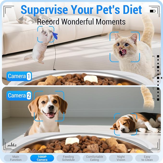 Frienhund Dual Automatic Cat Feeder with Camera for 2 Cats: 5G WiFi Automatic Dog Feeder with Night Vision, 7L Auto Cat Food Dispenser with Two Camera for Multiple Pet, Easy to Clean-29 Cup(ACF180W-A)