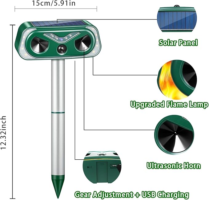 2026 Solar Ultrasonic Animal Repellent Outdoor Cat Deterrent Deer Repellent Devices,Upgraded Waterproof Dog Repeller with Motion Sensor,Flashing Lights,Scare Squirrels Rabbits Raccoons Skunks Garden