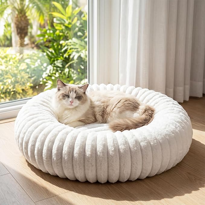 Donut Pet Bed for Indoor Cats and Small Dogs, Self-Heating Dog Bed with Non-Slip Bottom, Winter Comfort Dog Beds for Puppies, Washable & Portable Egg Tart Shape (S) Small cat Bed self Warming