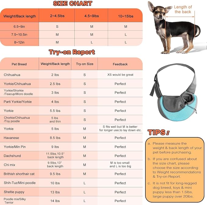 YUDODO Pet Sling Carrier for 5-9 lbs Small Dogs Cat Puppy Crossbody Carrier | Hands-Free, Safety Hook, Large Zipper Pocket, Soft Breathable Mesh, Adjustable Strap, Reflective Strip, Cyan, M