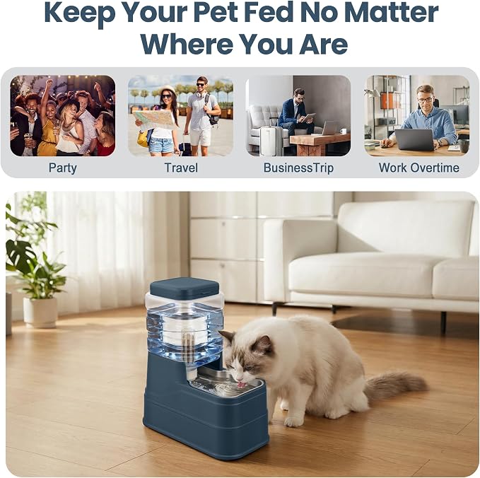 Automatic Cat Water Dispenser Gravity Stainless Steel Water Feeder Dog Waterer Feeder with Wide Mouth Bowl for Small Medium Dog Puppy Kitten (Filter &Ice Pack Included) 1Gallon Navy