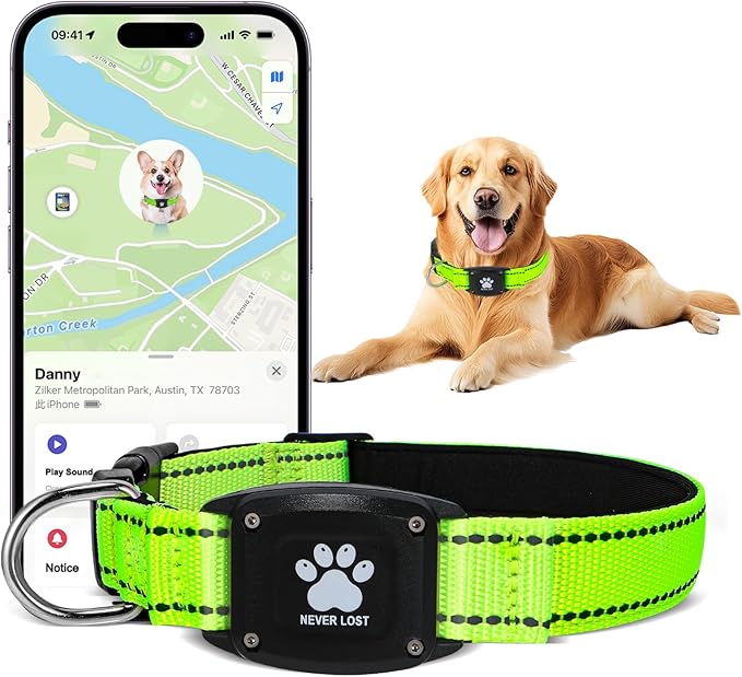 GPS Dog Collar Tracker 2-in-1,Reflective Waterproof Pet Collar,iOS-Only,No Monthly Fees,Unlimited Range,Dog Tracking Collar Pet Tracker,for Small Medium Large Dogs(M (15"-20.5"), Green)