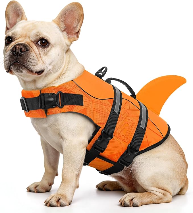 Dog Life Jacket High Flotation, Reflective Dog Life Vest for Swimming, Adjustable Dogs Life Preserver Rescue Handle Spring Summer Pool for Small, Medium, Large Dogs (OrangeLines,XS)