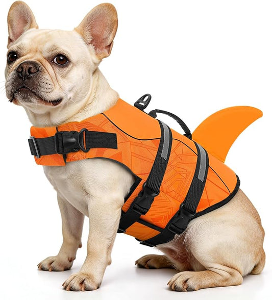Dog Life Jacket High Flotation, Reflective Dog Life Vest for Swimming, Adjustable Dogs Life Preserver Rescue Handle Spring Summer Pool for Small, Medium, Large Dogs (OrangeLines,XS)