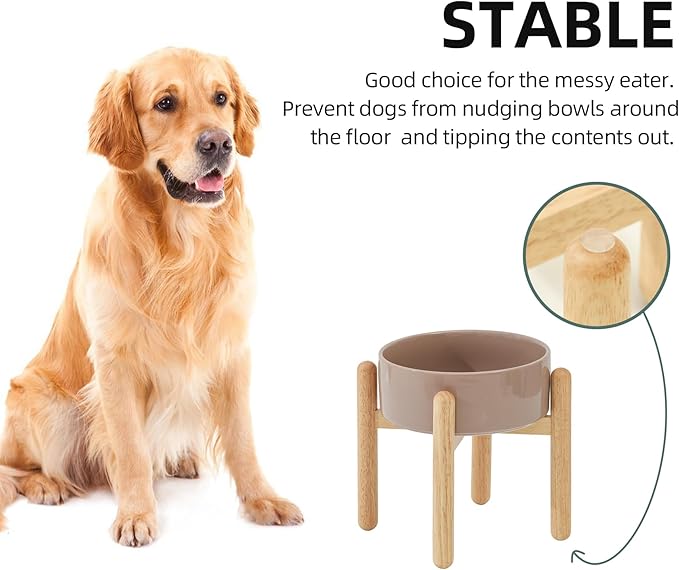 Havniva Elevated Dog Bowls Ceramic Dog Bowls with Stand, Dog Food Bowl | 8.3” Raised Dog Bowls with Non-Slip Wood Stand, Dog Food and Water Bowl Set, Dog Feeding Bowls for Large Dogs