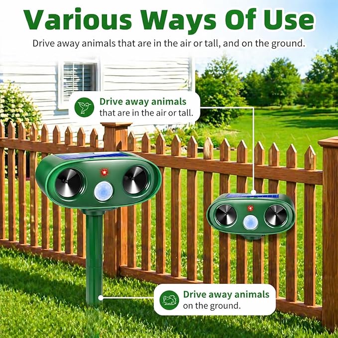2026 Solar Animal Repellent Outdoor 4 Pack Ultrasonic Squirrel Deer Repellent with Motion Sensor, Waterproof Cat Deterrent Device for Yard Garden Farm, Keep Bird Cat Squirrel Deer Rabbit Away