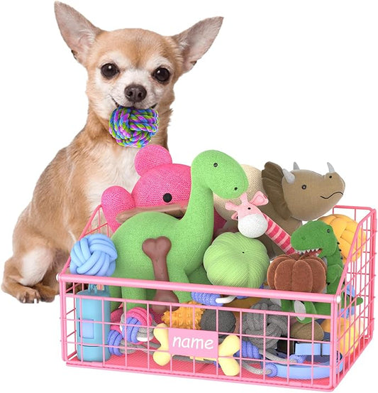 Kaiferty Indestructible Dog Toy basket, Small Toy Box for Dogs, Pet Toy Bin Dog Metal Basket for Toys, Toy Storage Organizer,Dog Toy Box for Living Room Area(Pink)
